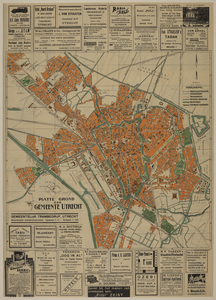 217346 Plattegrond van de gemeente Utrecht, met onder en boven advertenties van diverse Utrechtse bedrijven.N.B. Op de ...